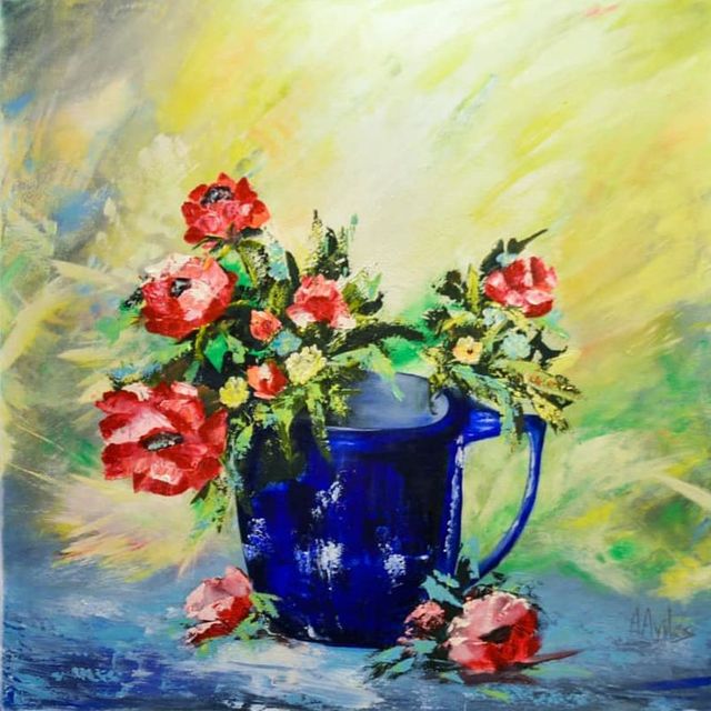 Blue vase with red flowers on a light abstract background
