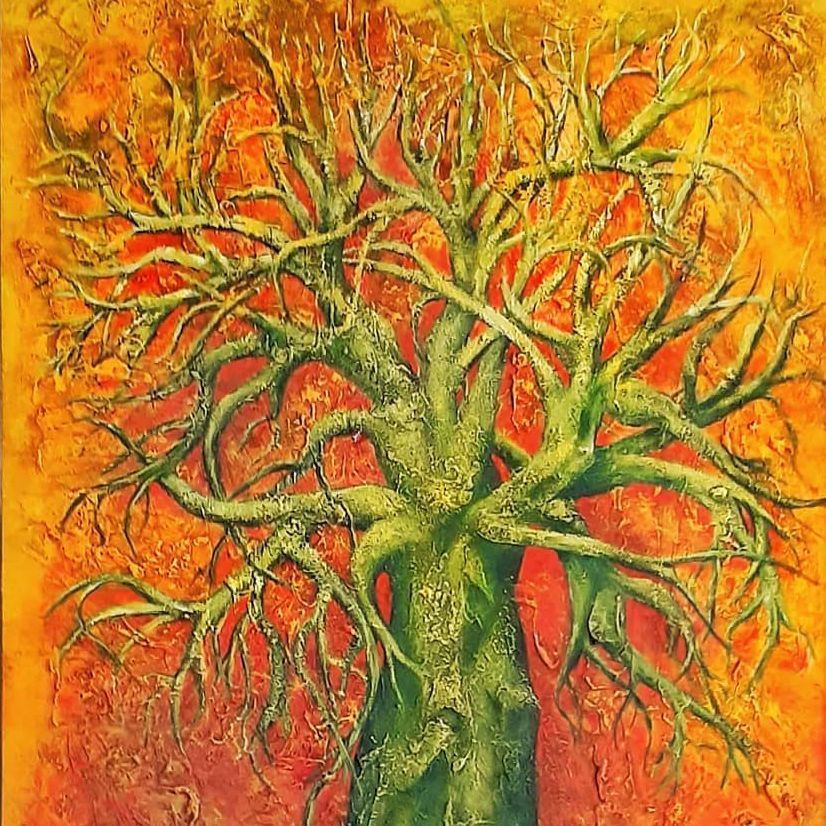 Abstract painting of a gnarled green tree on a vivid orange-red background
