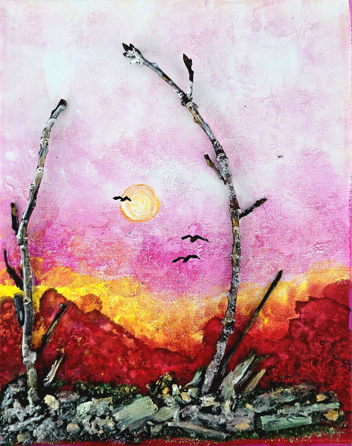 Abstract painting of a pink sky, yellow sun, dark birds, and rocky red foreground with bare branches