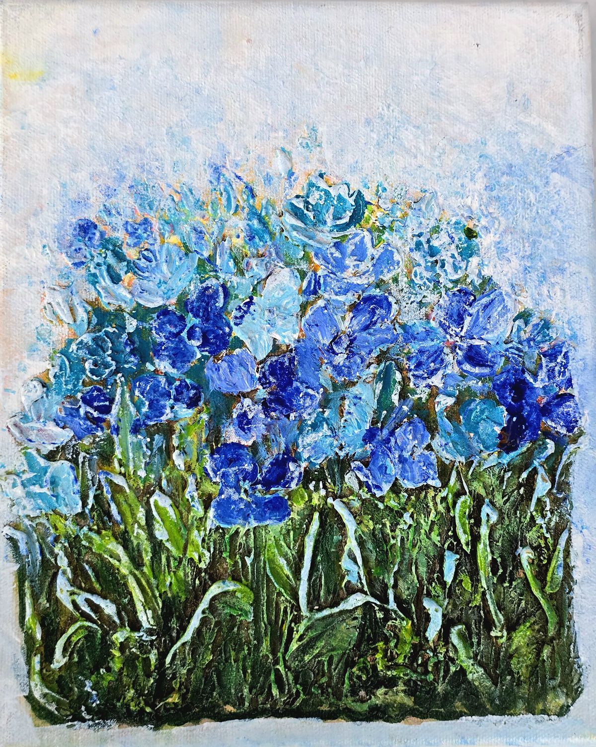 Blue wildflowers with green stems painted against a light, textured background.