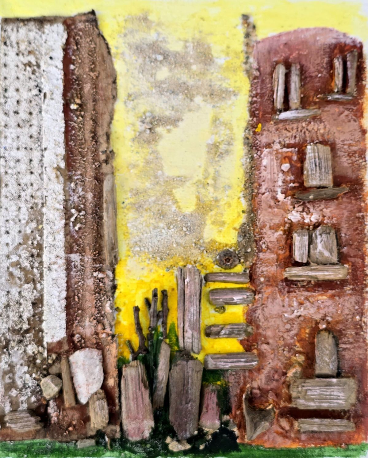 Abstract painting of a yellow-sky cityscape with tall buildings and a cluster of cacti in the foreground