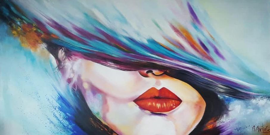 Abstract portrait of a face with vivid purple, teal, and orange brushstrokes across the eyes