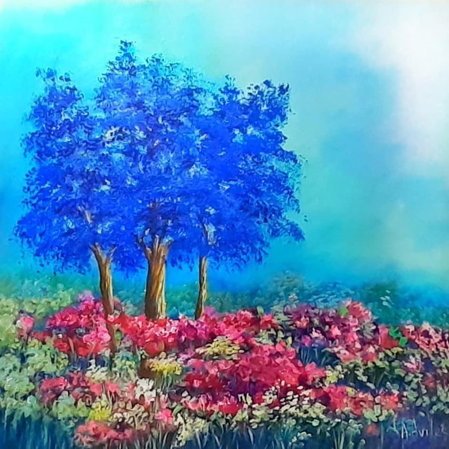 Blue tree above a field of pink flowers under a soft turquoise sky