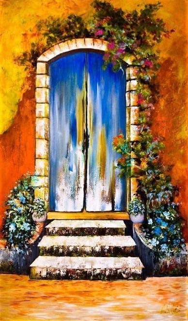 A colorful painted doorway with stone steps, blue shutters, and flowering vines on an orange wall.