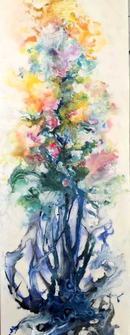 Abstract watercolor bouquet with pink, yellow, blue, and green flowers in a blue vase-like form