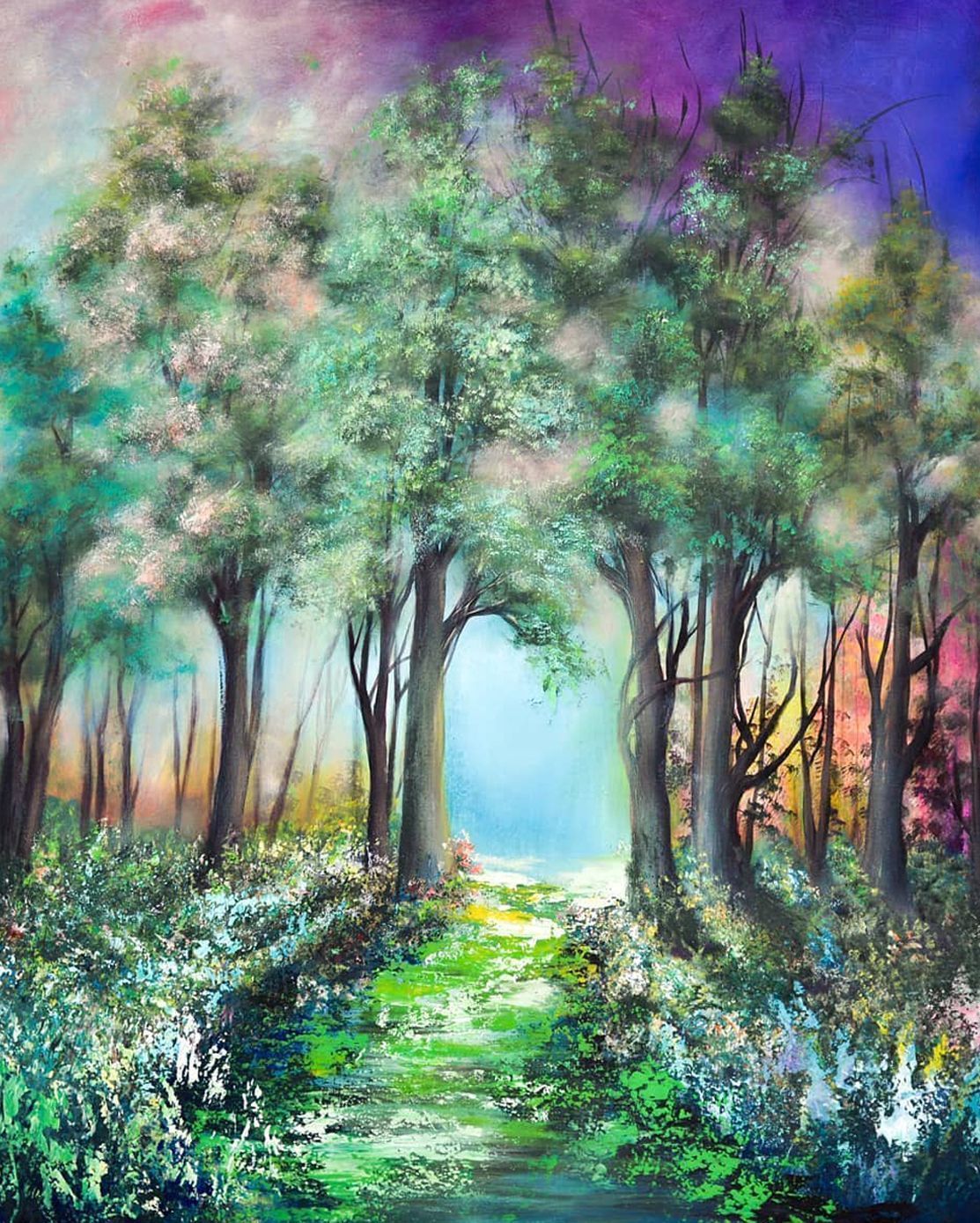 Sunlit forest path through tall trees, with lush green foliage and a purple sky.