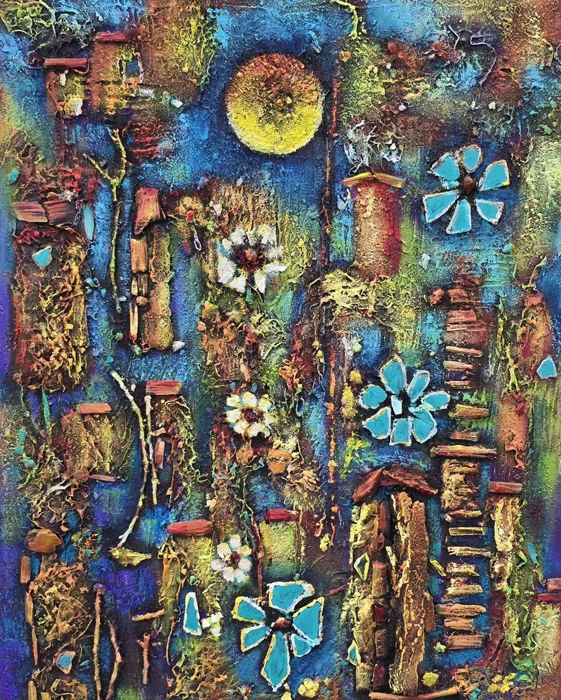 Abstract colorful painting with blue flowers, yellow sun, and textured vertical shapes on a dark background