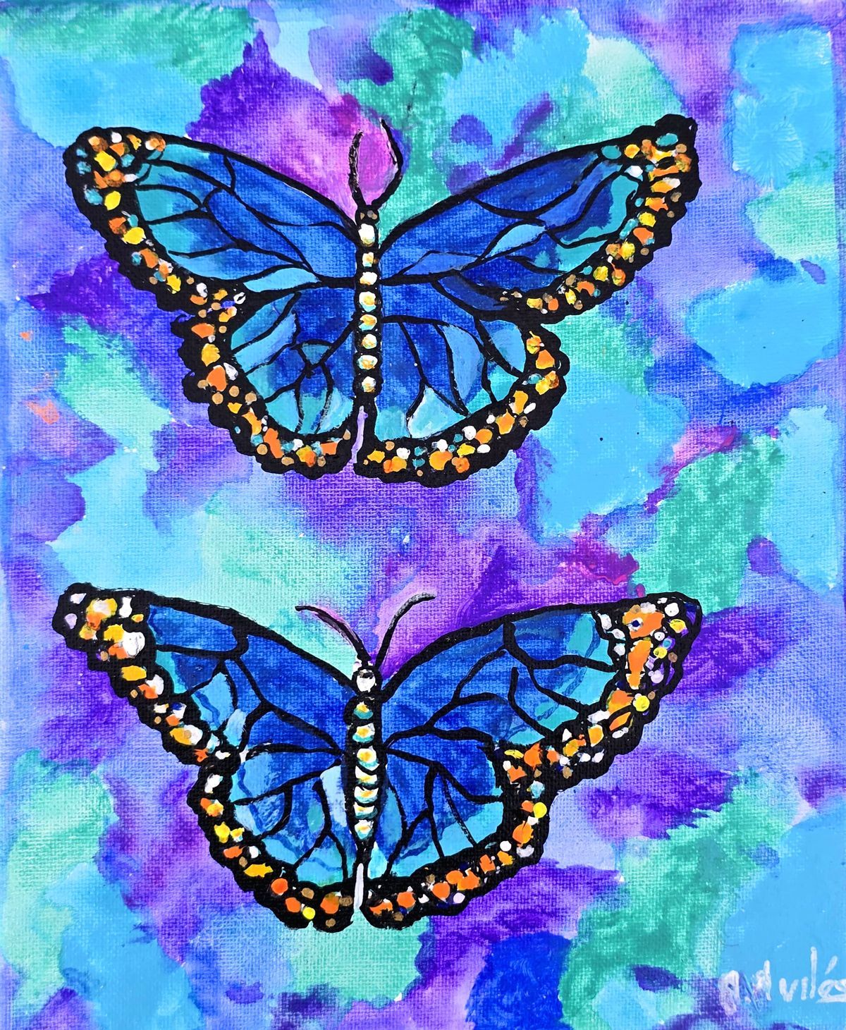 Two blue butterflies with orange accents on a purple and aqua watercolor background