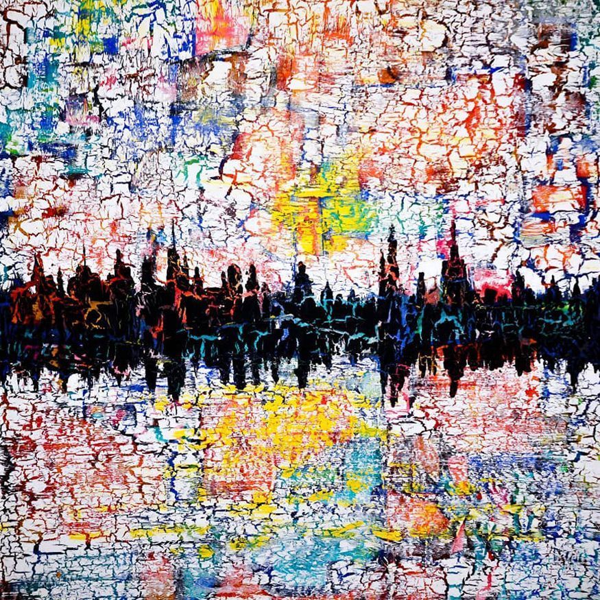 Abstract colorful city skyline reflected in water beneath a bright, cracked mosaic sky