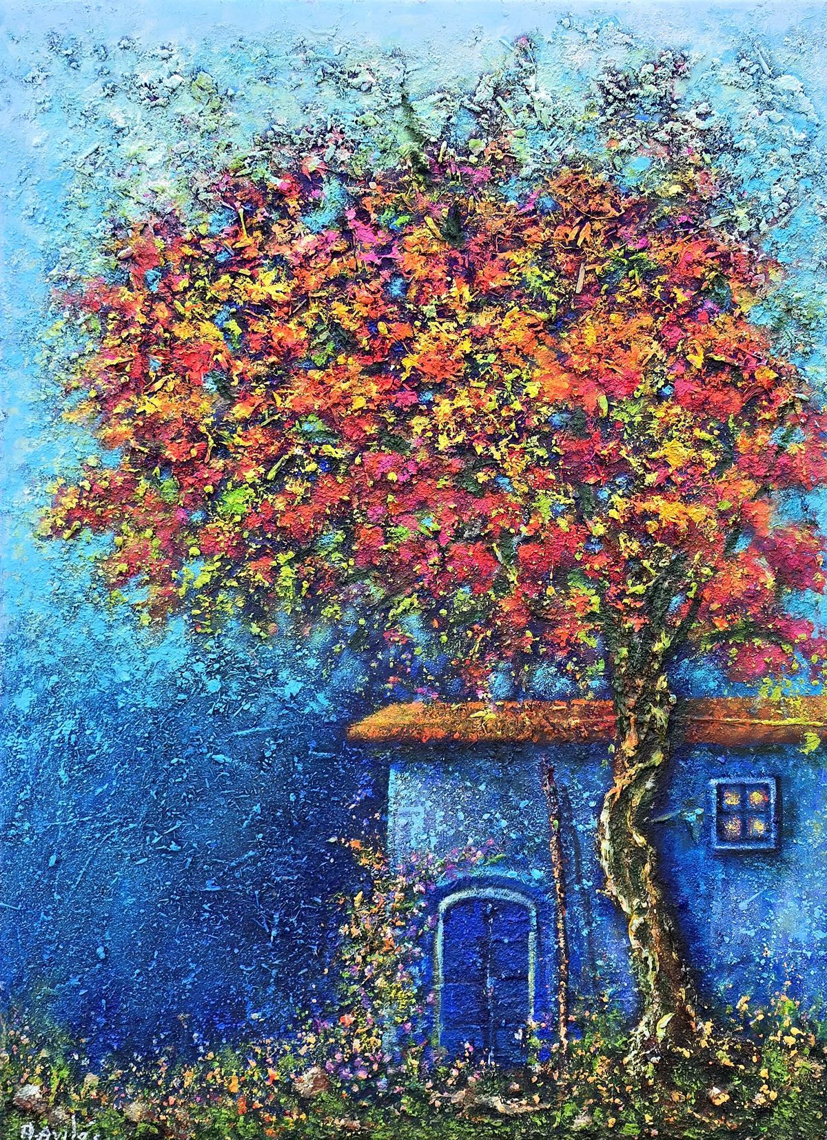 Colorful tree beside a small blue house, with a textured sky and vivid autumn leaves.