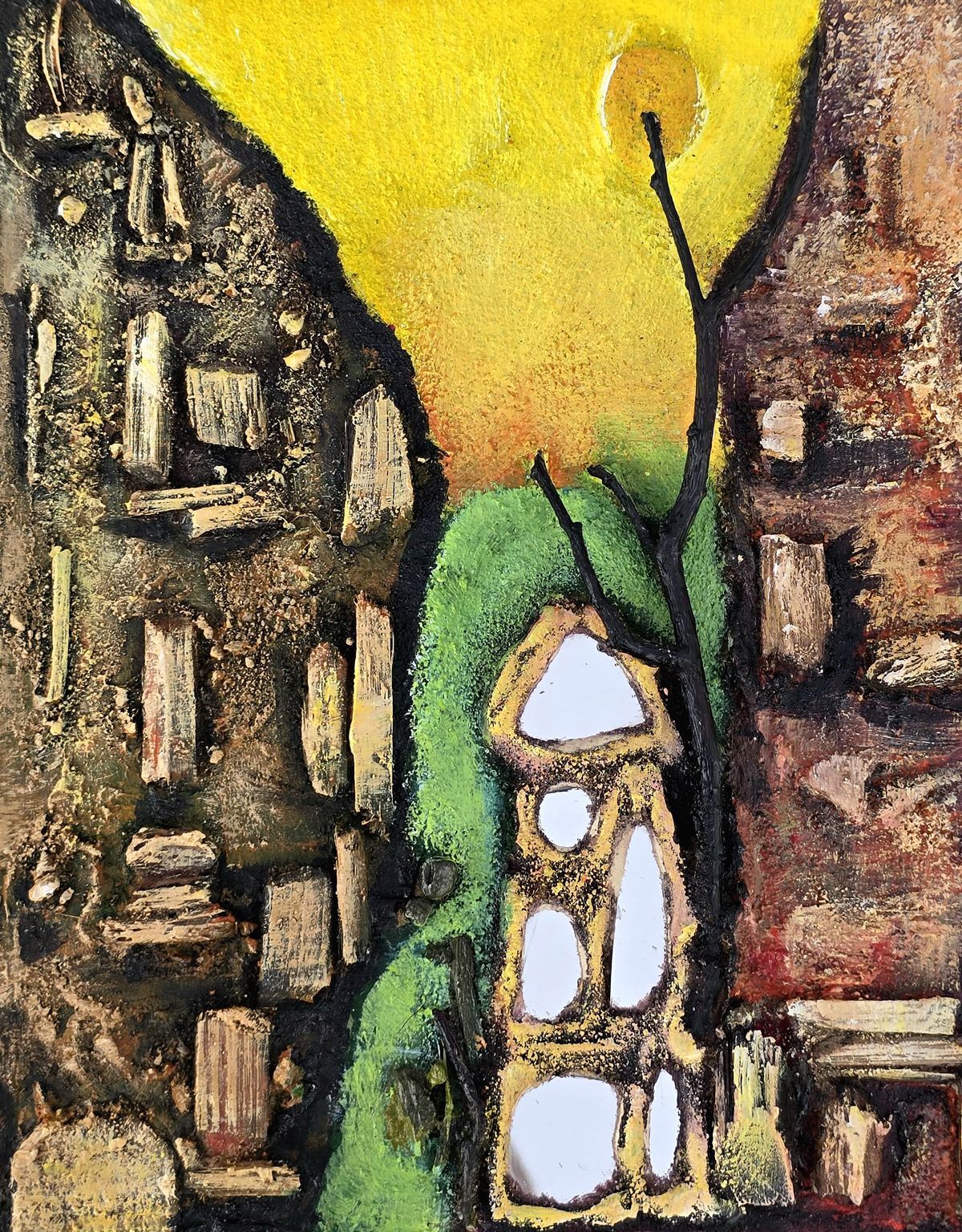 Abstract painting of narrow buildings flanking a green path under a yellow sky, with a small white house in center