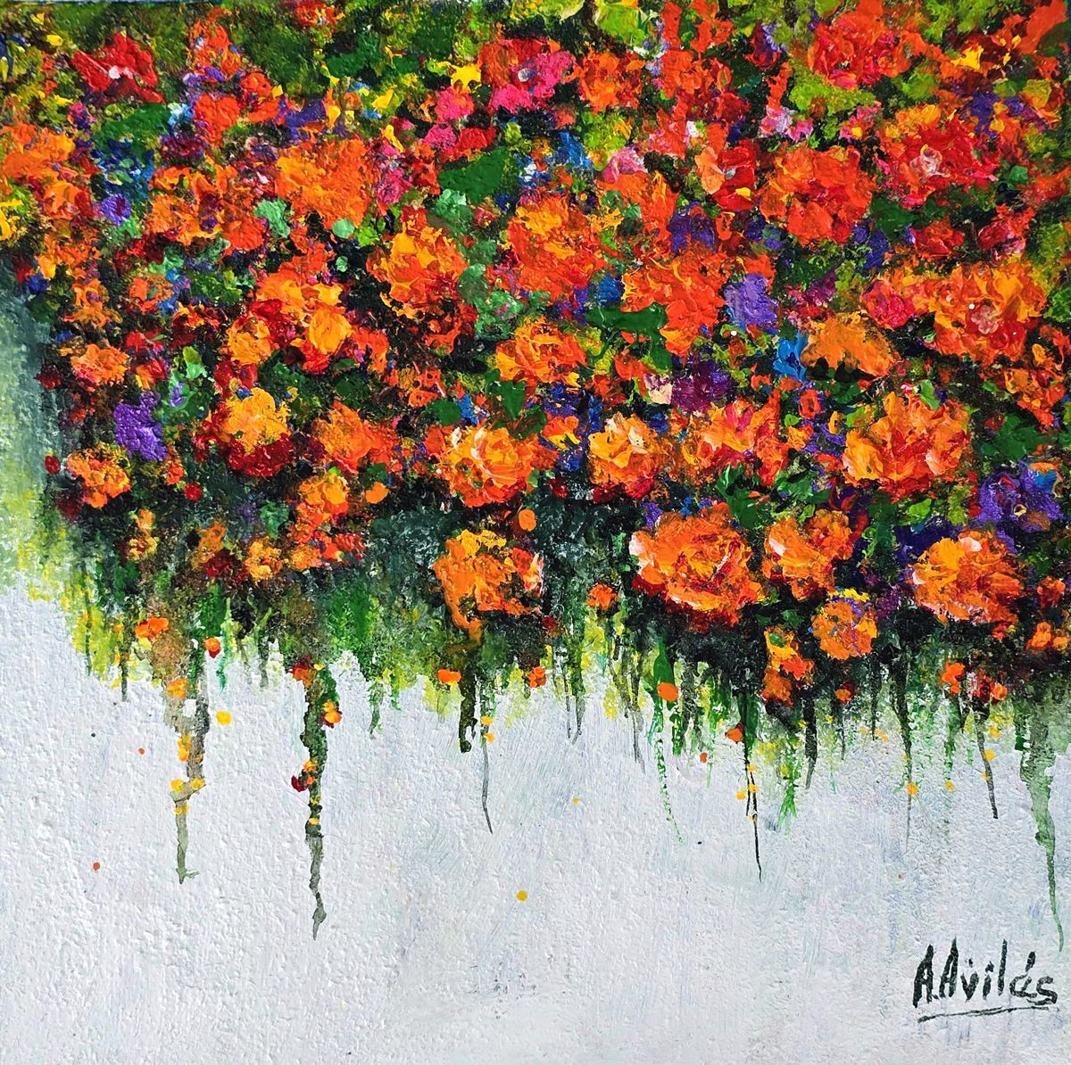 Abstract painting of a vibrant orange, red, and purple flower cascade against a pale background