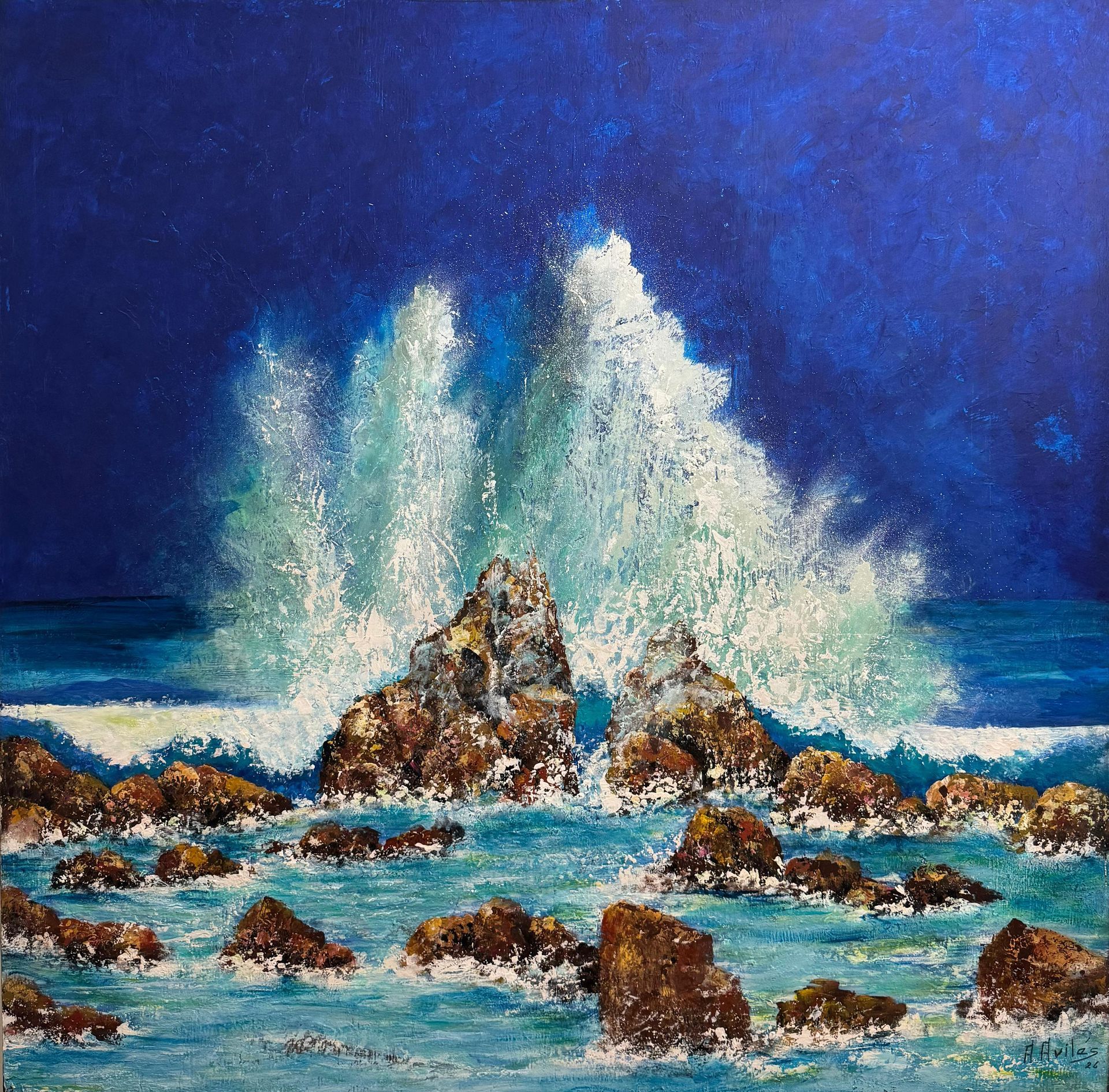 Ocean waves crashing over rocky outcrops under a deep blue sky, painted in vivid blues and whites