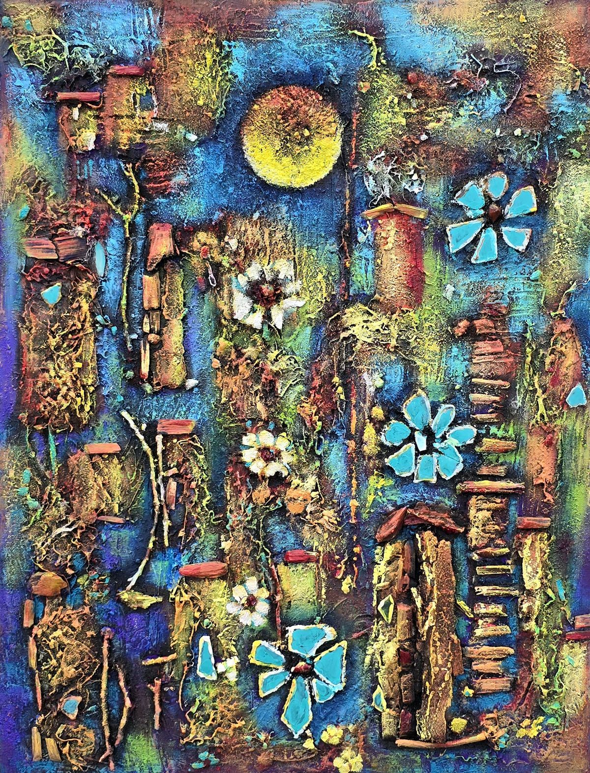 Colorful abstract floral painting with blue flowers, tall stems, and a yellow sun-like circle on a textured background