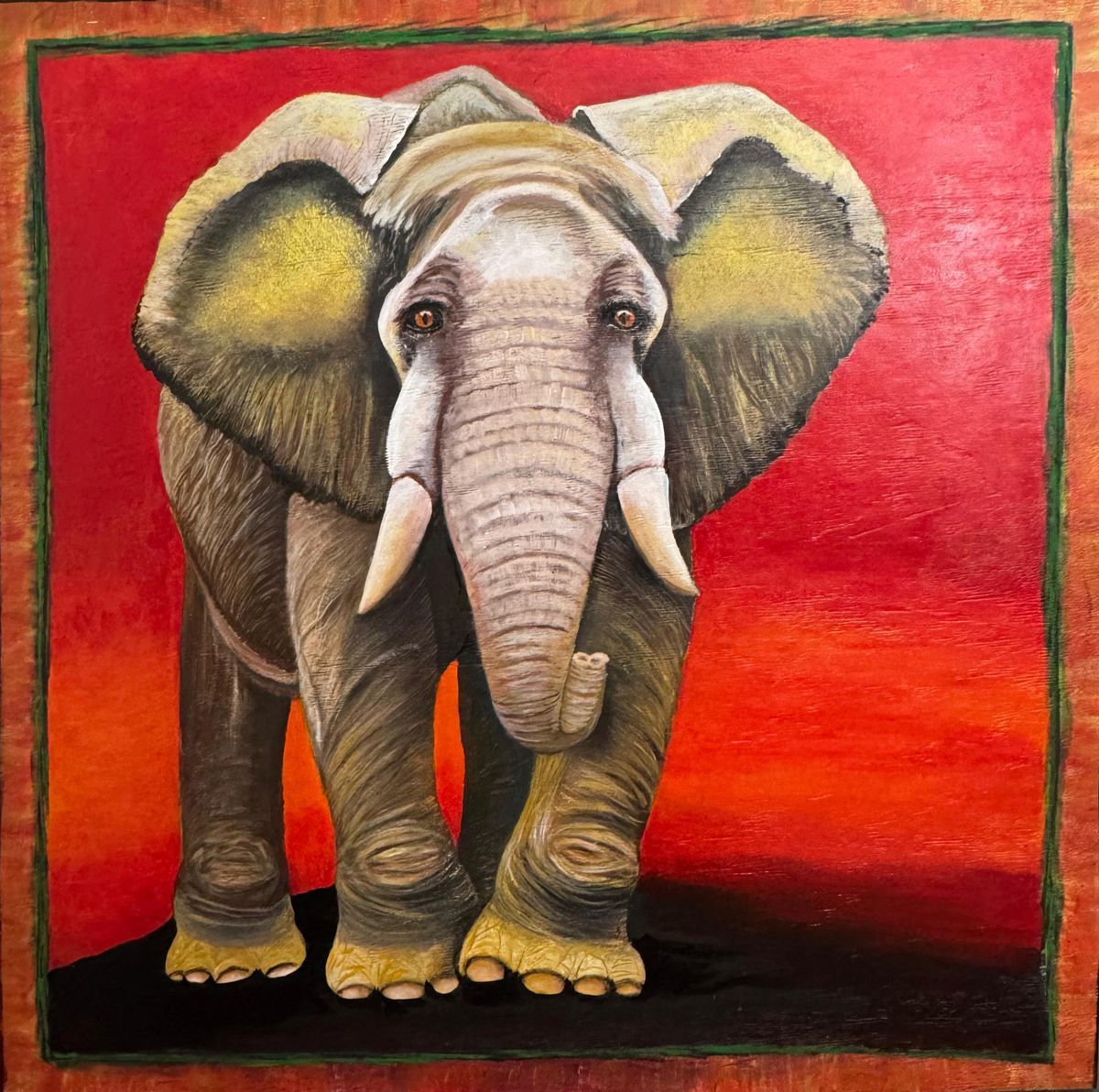Painting of a young elephant with oversized ears against a red-orange background.
