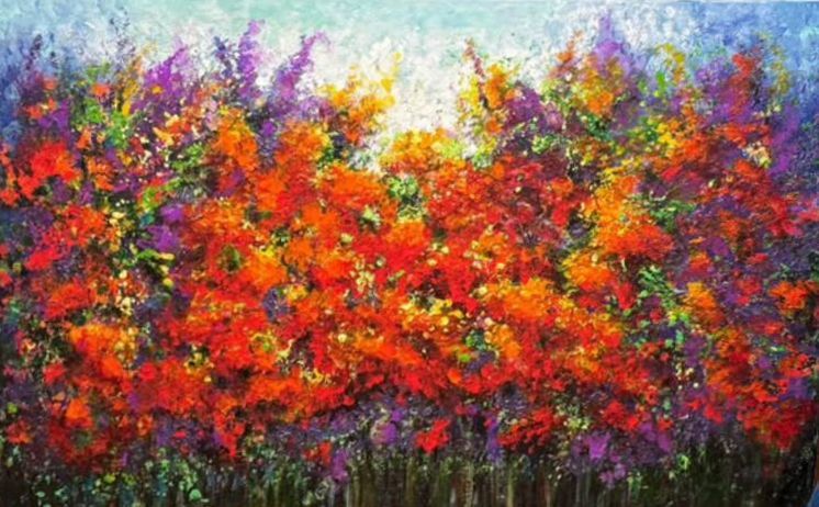 Abstract painting of a dense wildflower field in bright red, orange, purple, and white