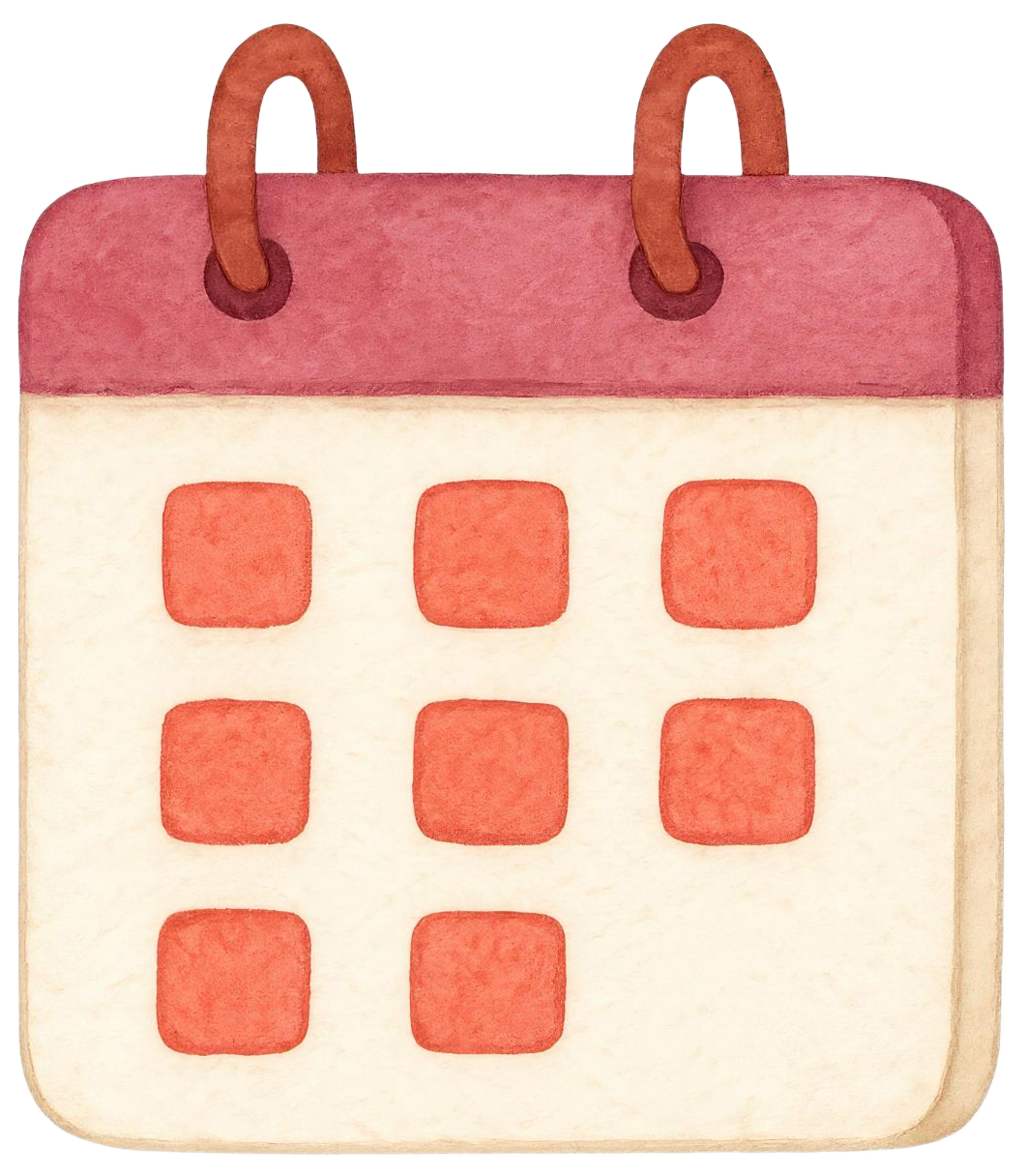 Pink wall calendar icon with cream pages and red date squares