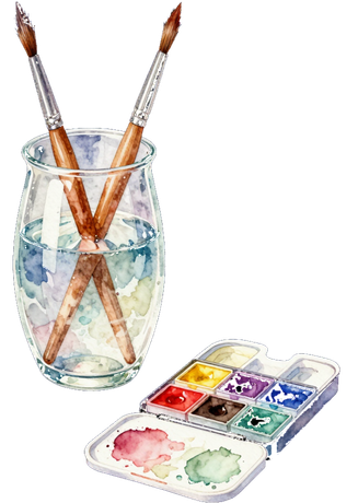 Watercolor paint set with brushes in a jar and a tray of colored paints
