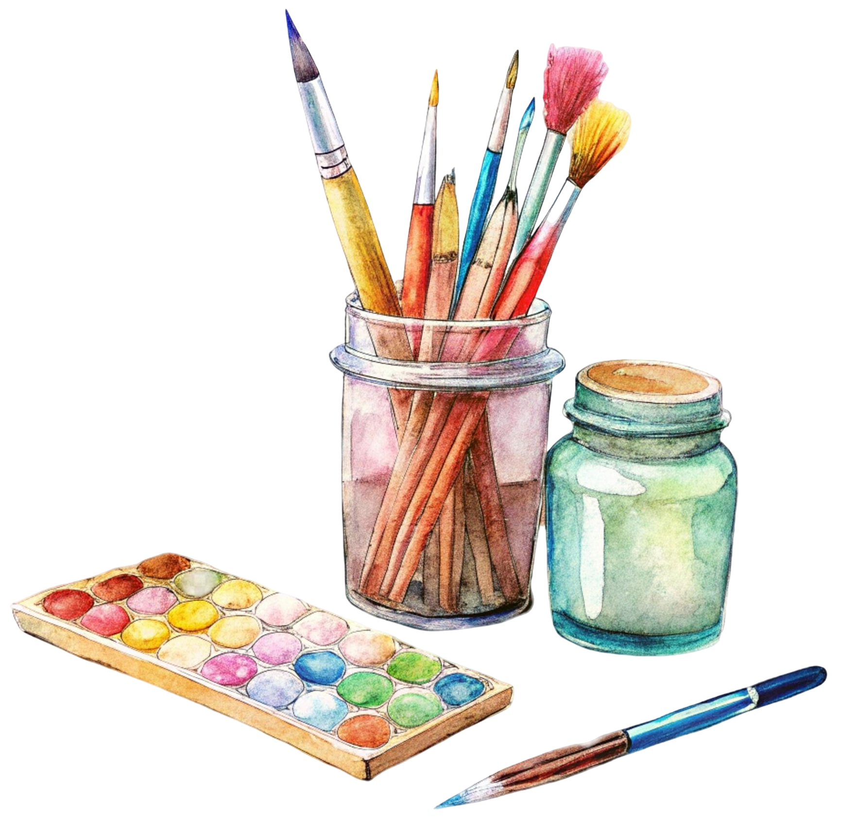 Watercolor art supplies: brushes in jars, paint palette, and a pen on a white background