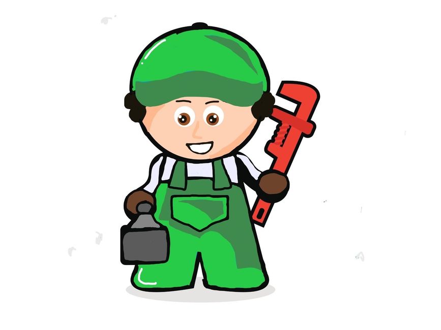 Cartoon plumber in green overalls, holding a wrench and toolbox, smiling.