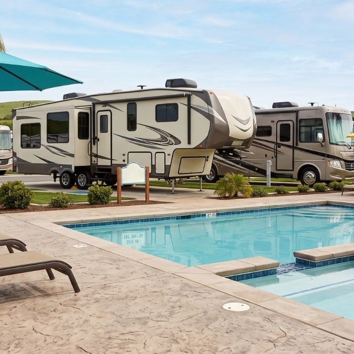 RV resort with large motorhomes parked beside a swimming pool under a clear sky
