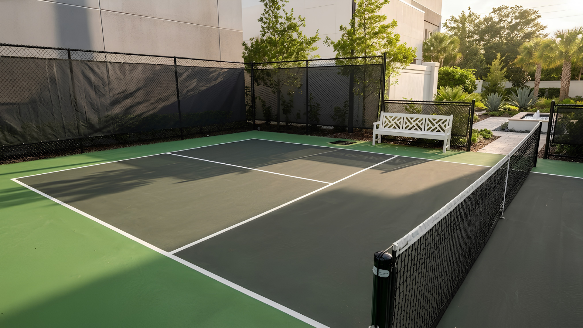 Outdoor pickleball court with green and black surface, net, and surrounding black fencing