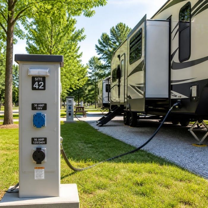 RV campsite with electric hookup pedestal beside a parked trailer on a grassy lot