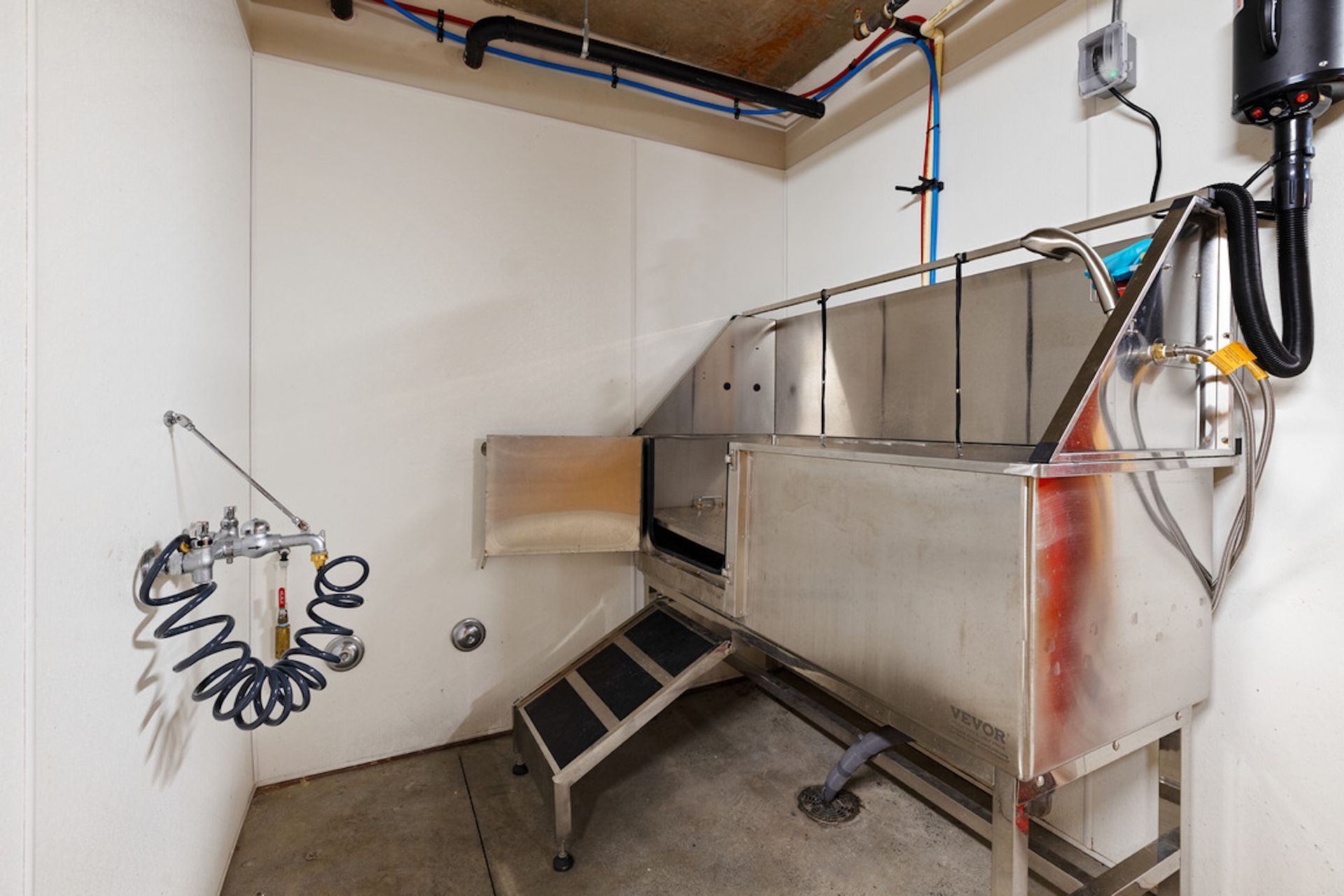 Stainless steel dog wash station in a small, white-walled room with a step and hose.