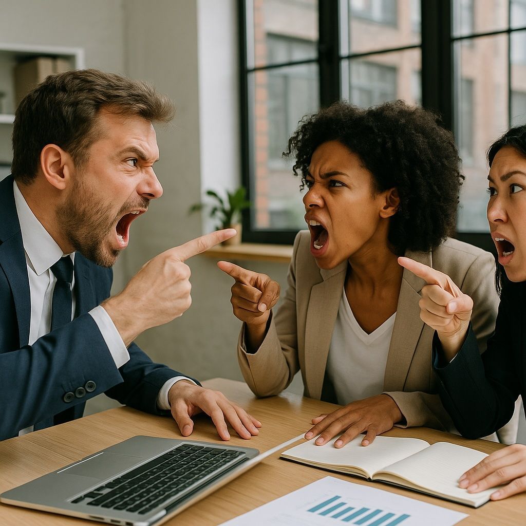 Man and woman pointing at each other face and arguing face to face
