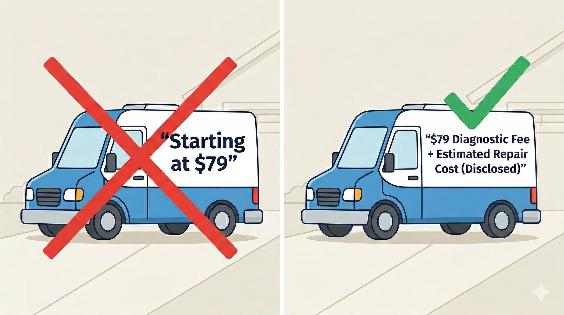 Tow truck comparison graphic with one option crossed out and one approved
