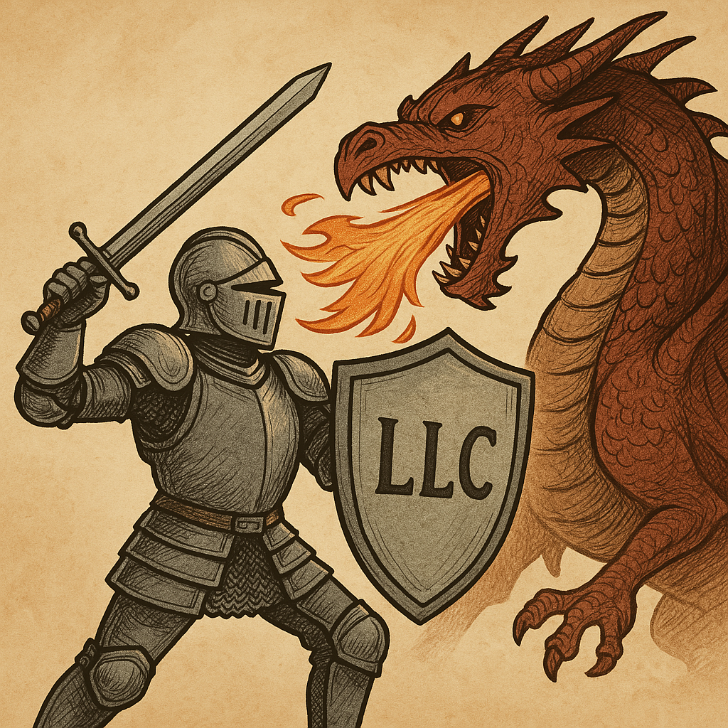 Illustration of a knight fighting a dragon
