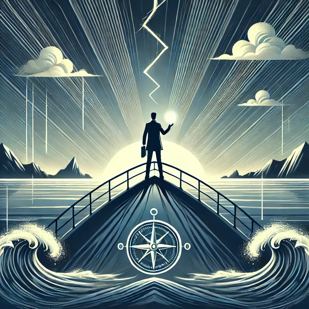 Person standing under storm clouds and lightning illustration