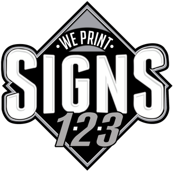 A black and white logo for we print signs 123.