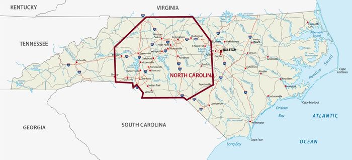 A map of north carolina with a red area in the middle