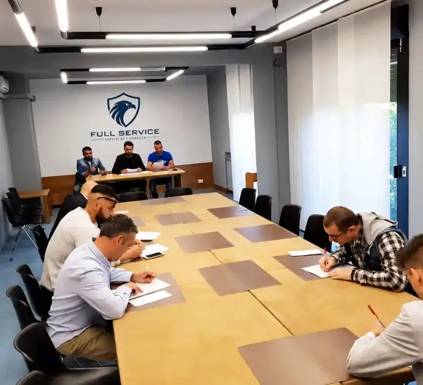 Sala riunioni con persone sedute a un lungo tavolo che prendono appunti e un logo a parete con la scritta