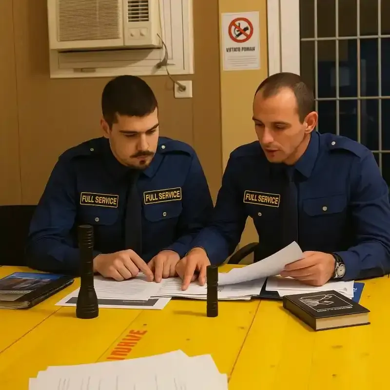Due agenti di polizia in uniforme blu esaminano dei documenti a un tavolo giallo in un ufficio.