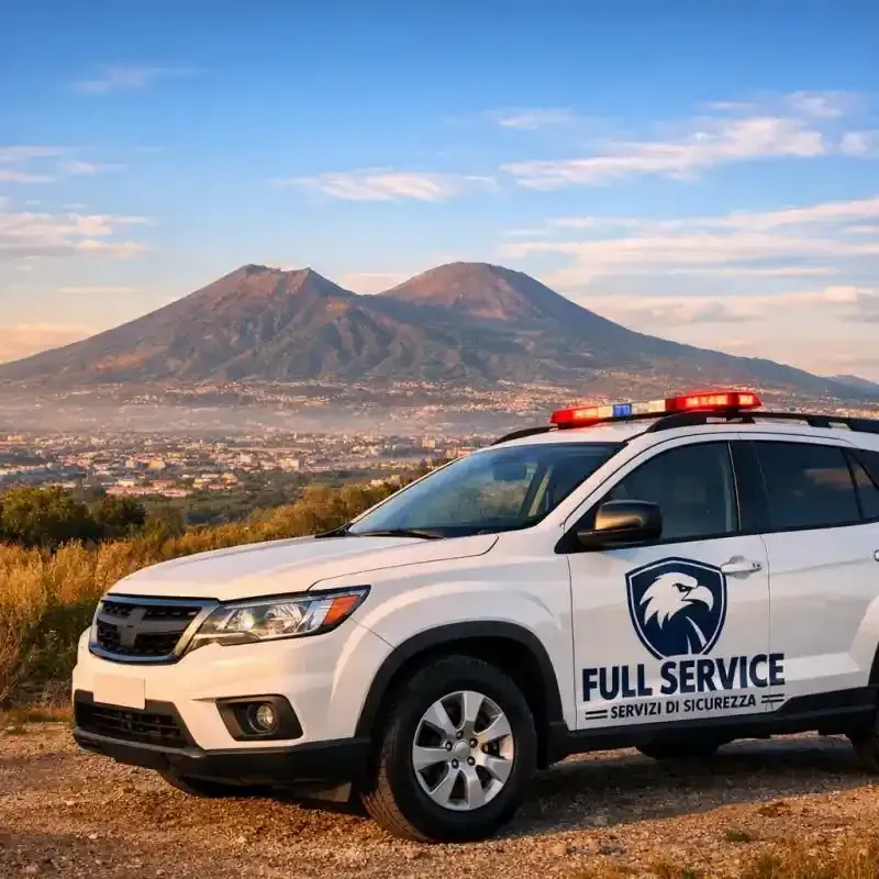 SUV bianco della polizia con luci rosse, parcheggiato davanti a una catena montuosa al tramonto.