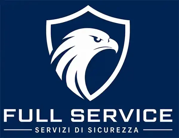 Logo con scudo a forma di aquila bianca con le scritte “FULL SERVICE” e “SERVIZI DI SICUREZZA” su sfondo blu.