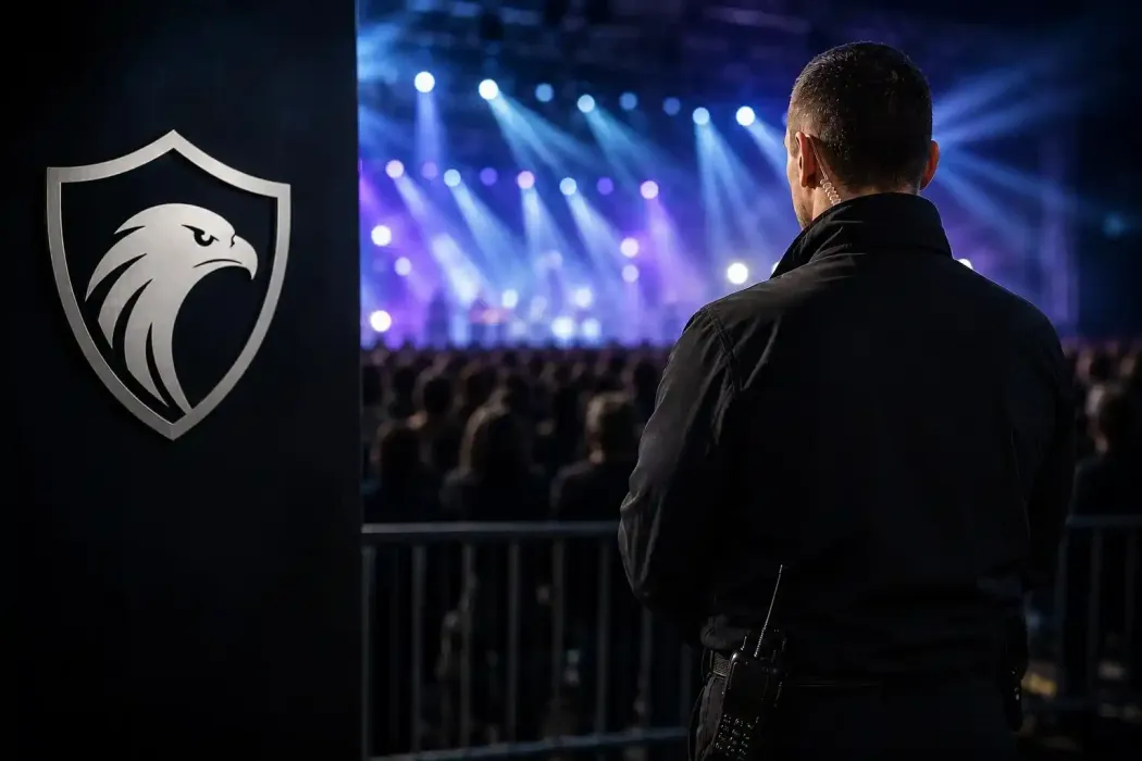Guardia di sicurezza che osserva la folla del concerto e le luci blu del palco, con il logo dello scudo del leone su un pannello vicino.
