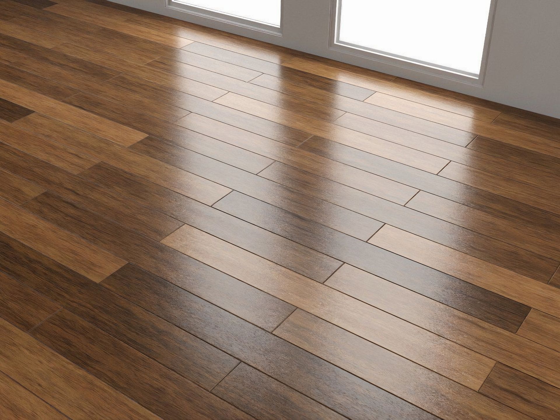 Shiny hardwood floor reflecting light from a nearby window.