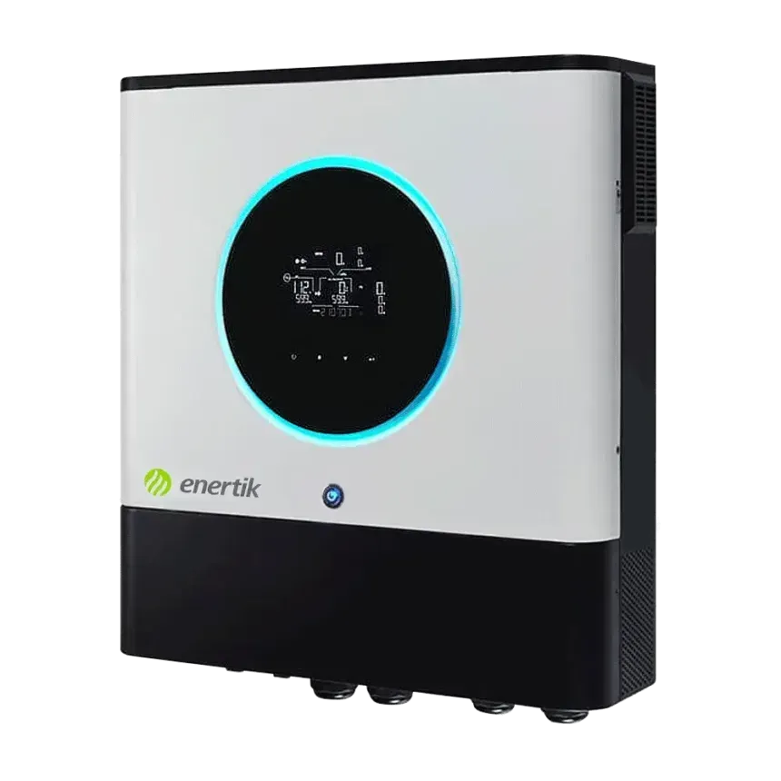 Inversor solar Enertek blanco y negro con pantalla digital e iluminación de acento azul.