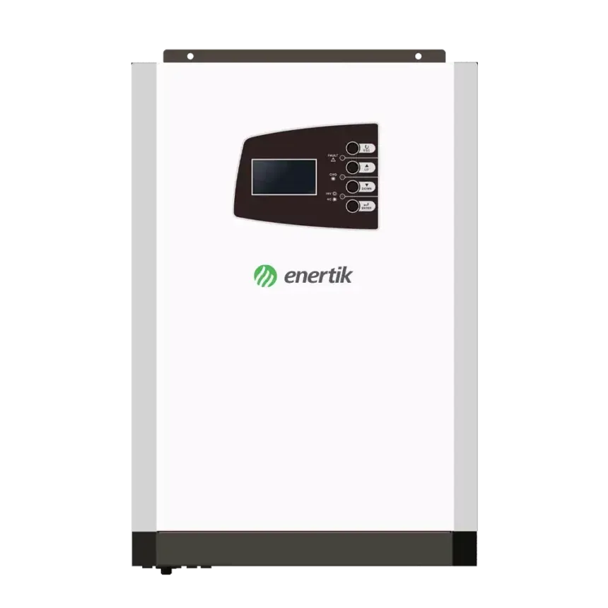 Inversor solar EnerTIK blanco con panel de visualización y botones.