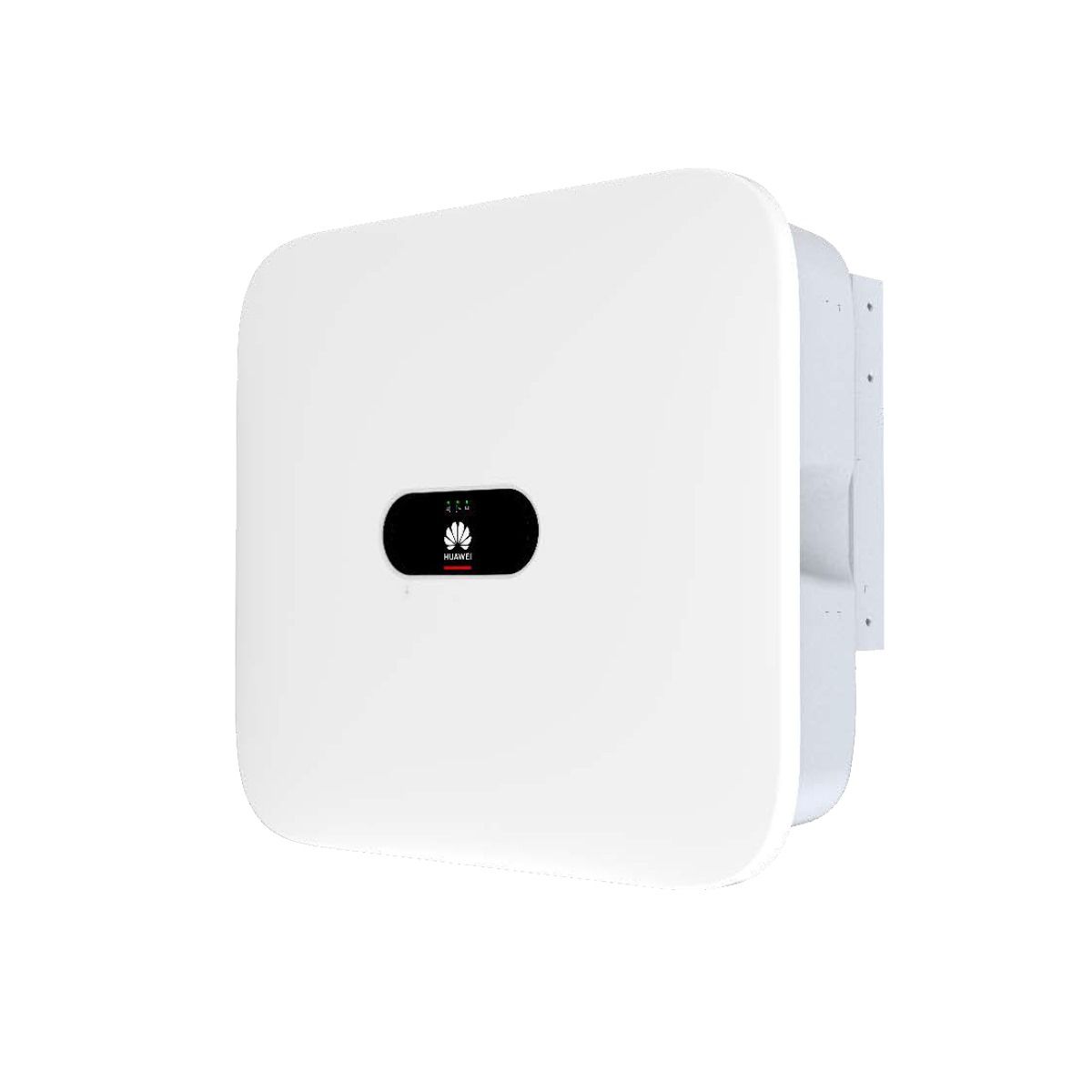 Inversor solar Huawei blanco. Dispositivo cuadrado y blanco con centro negro y accesorios de montaje a la derecha.
