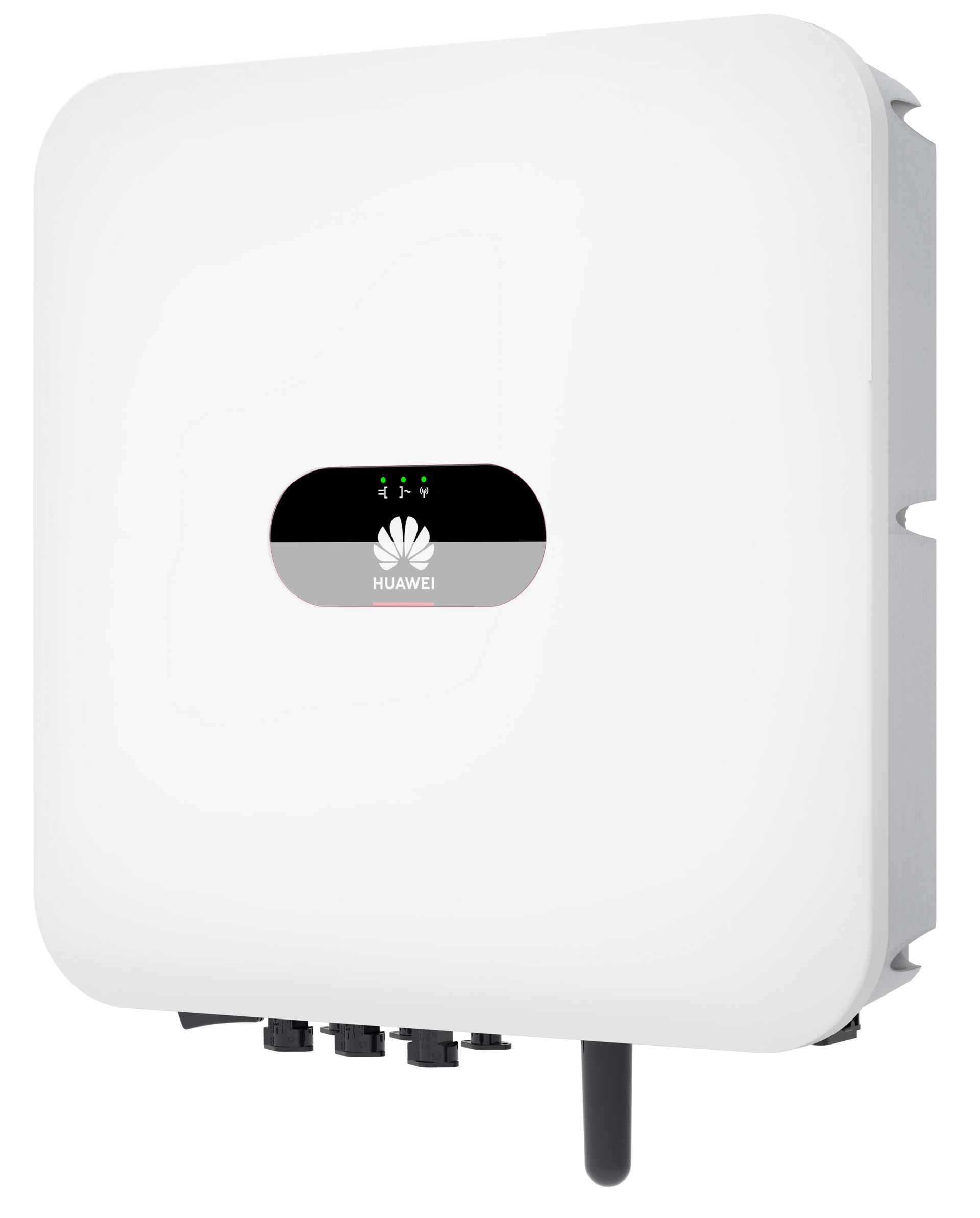 Inversor solar Huawei blanco con pantalla y puertos.