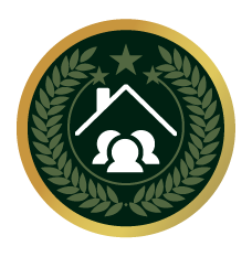 Dark green and gold emblem with house and people symbol, surrounded by laurels and stars.