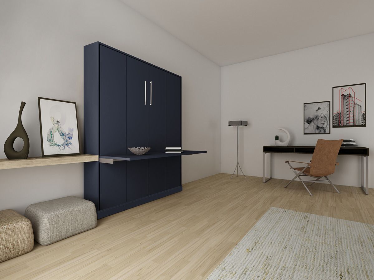 A living room with a desk and chair and a wall mounted bed.