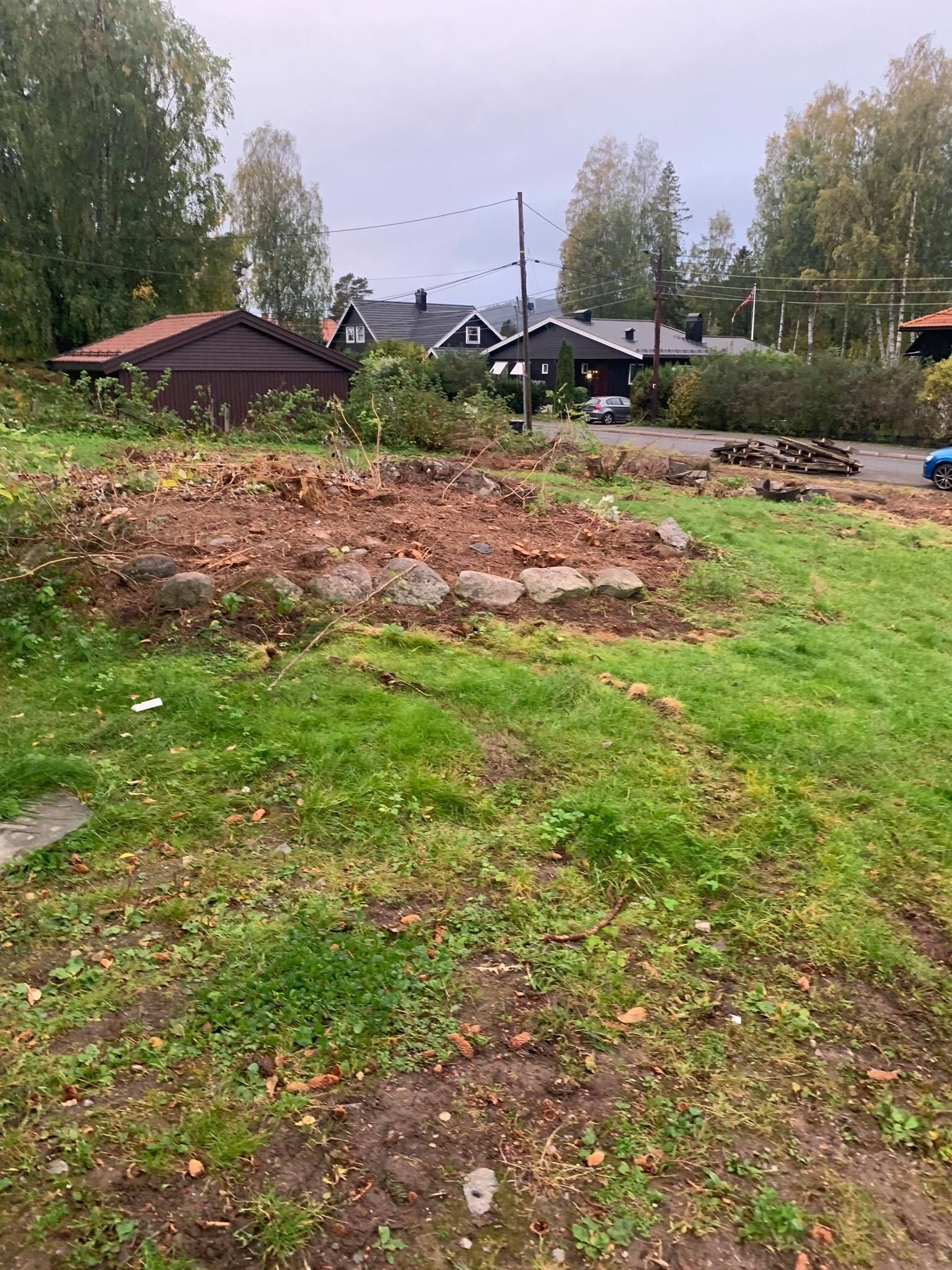 Ryddet jordflekk i en gresskledd hage med trær og hus i bakgrunnen