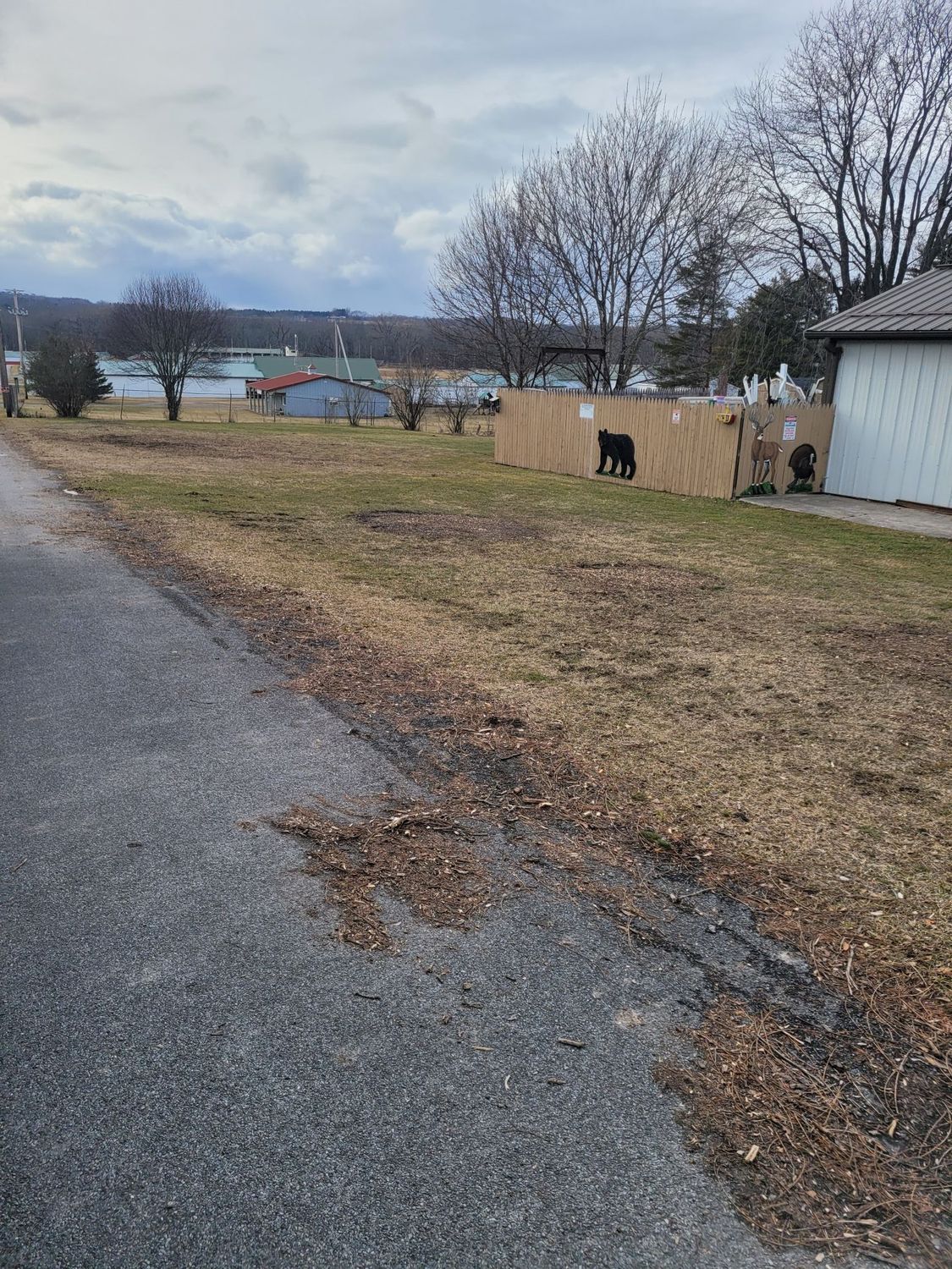 A black bear walks along a wooden fence next to a grassy field on a cloudy day.
