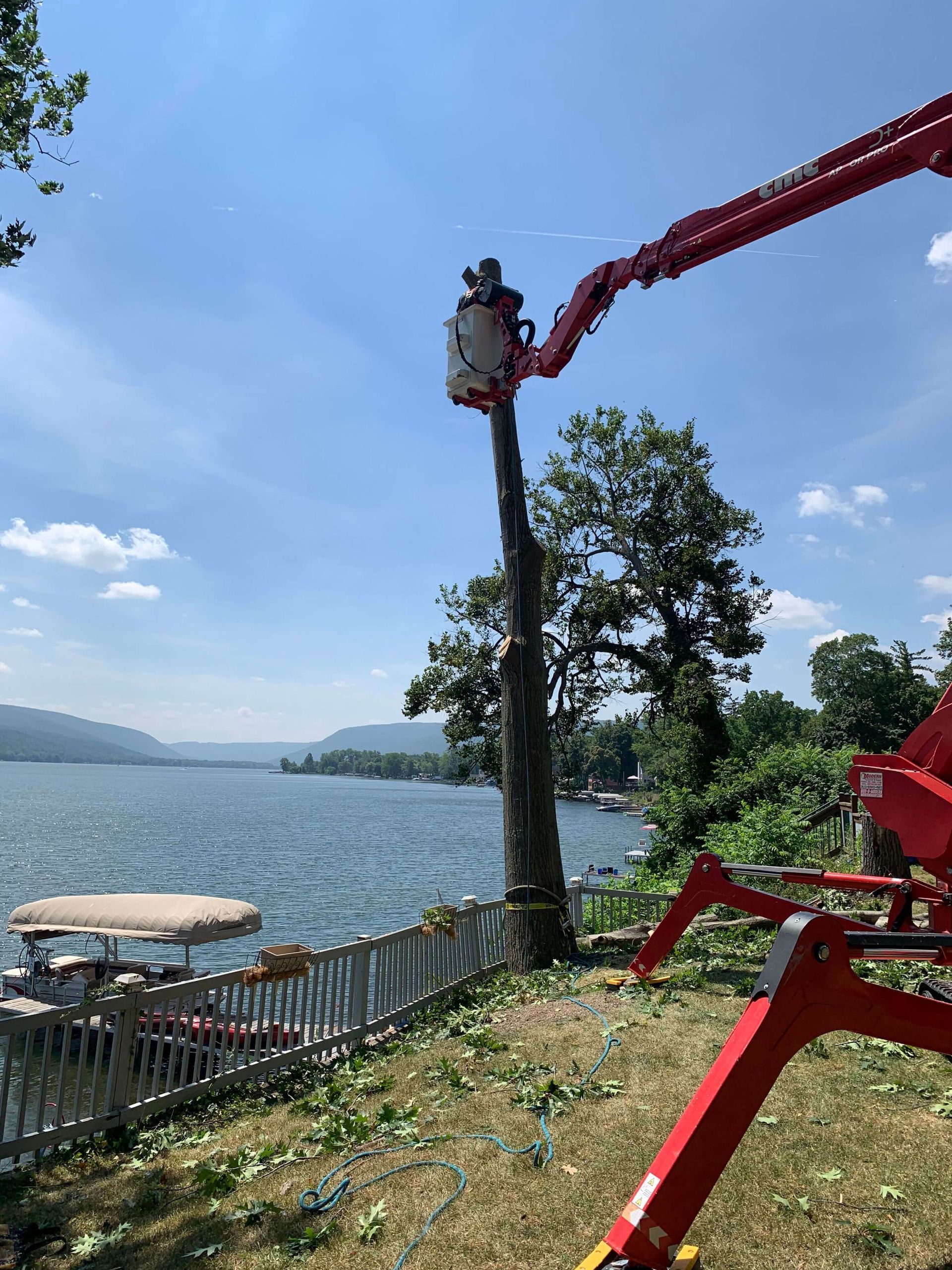A worker in a cherry picker bucket trims the top of a tall tree beside a lake and a docked boat on a sunny day.