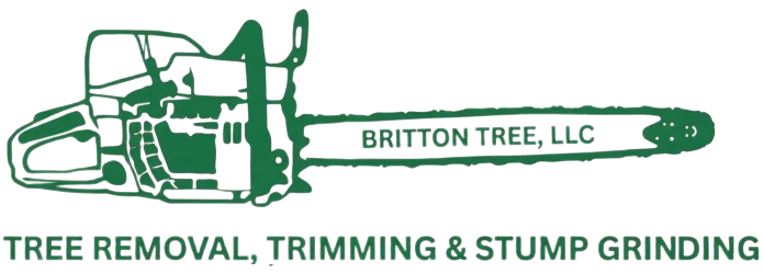 A green logo for Britton Tree, LLC, depicting a chainsaw with the text "TREE REMOVAL, TRIMMING & STUMP GRINDING" below it.